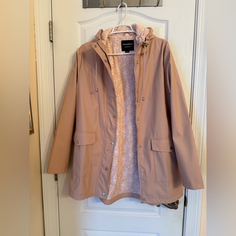 Lightly worn, hooded, waterproof rubber rain coat